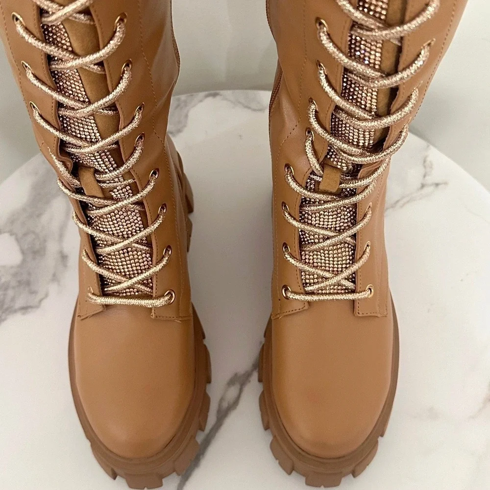 Cape Robbin Boxi Nude Over The Knee Rhinestone Lace‎ Up Lug Sole Boots Size 5